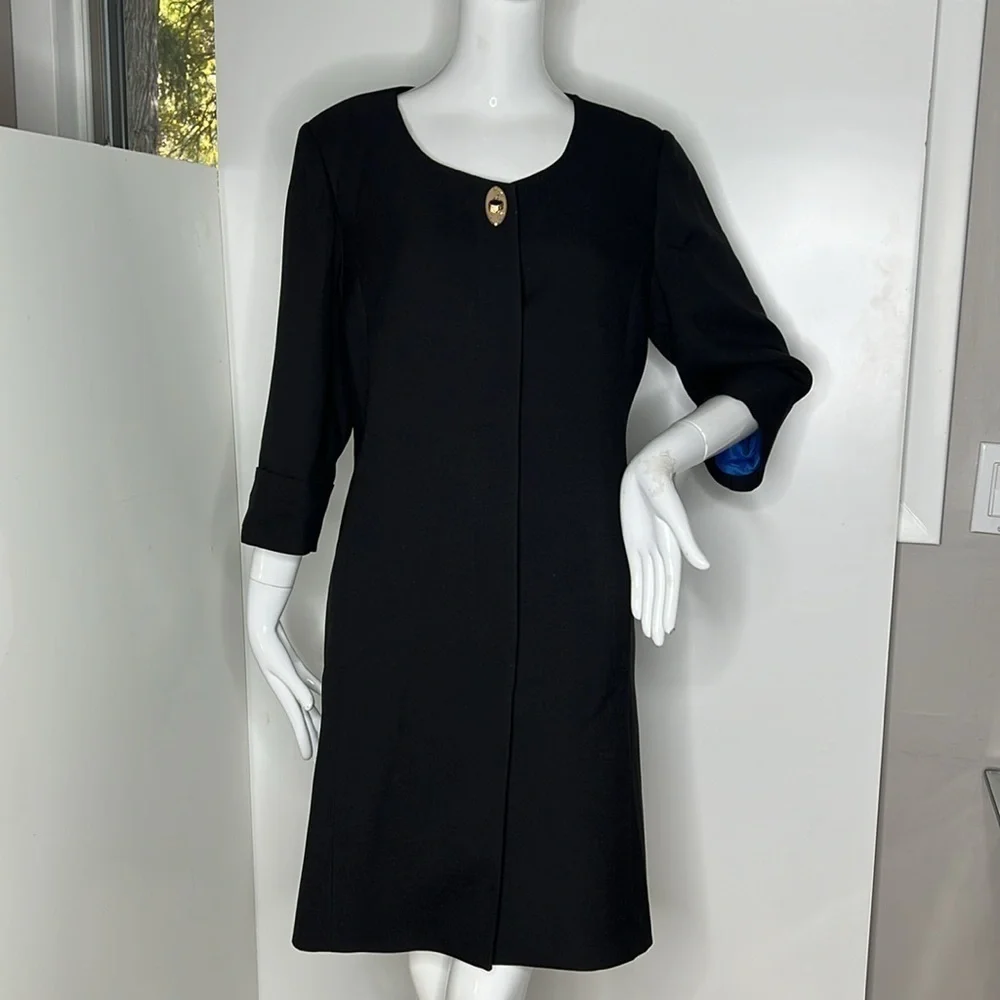 Bona Vita Sz 46 Black Blue Satin Lined 3/4 Sleeve Button Over Coat